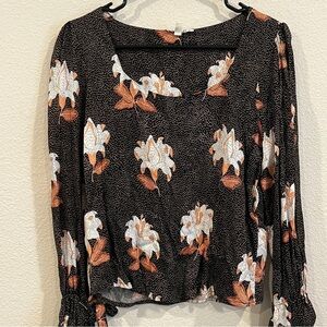 Koton EU size 38 black and rust orange floral top with bell wrist detail ties